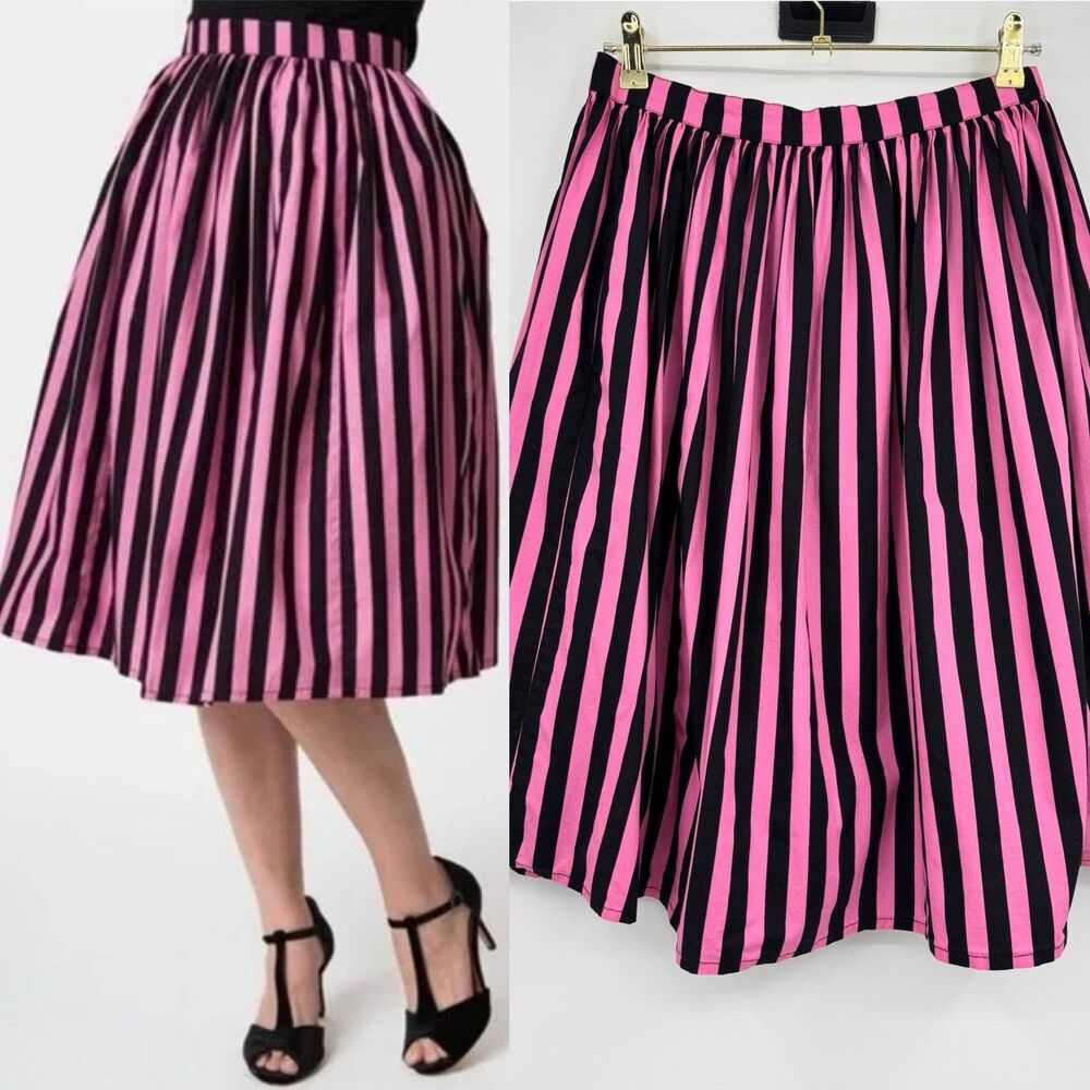 Magnolia Park Pink & Black Striped Midi Skirt Flare Pleated A-Line Chic Medium